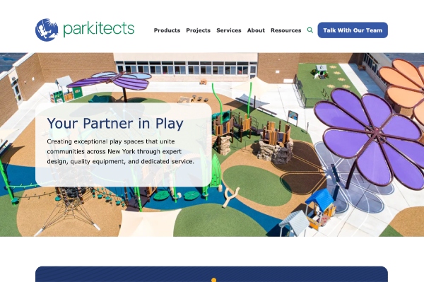 Parkitects homepage showcasing a nature-inspired playground.